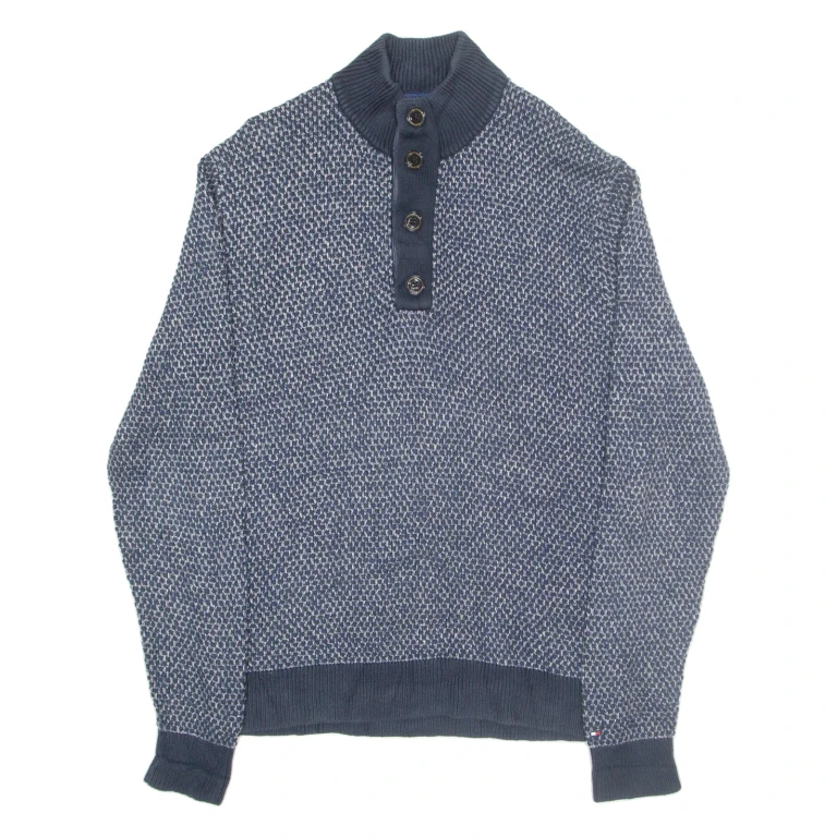 TOMMY HILFIGER Mens Jumper Blue Button Neck Tight Knit XL