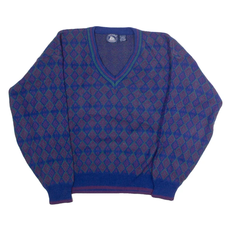 ATLANTIC TRADERS Mens Patterned Jumper Blue Diamond V-Neck 90s L
