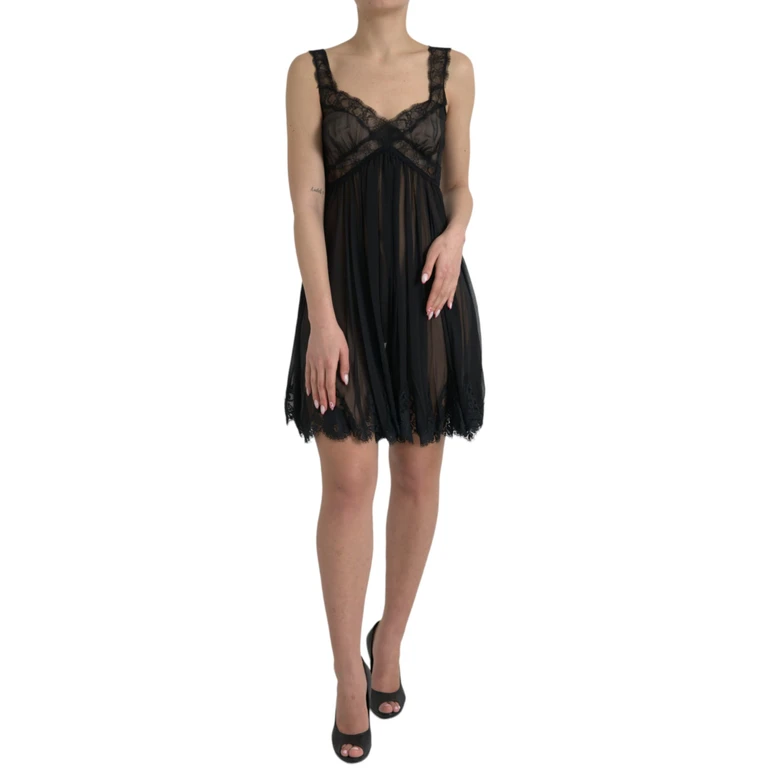 Dolce & Gabbana Black Silk Pleated Lace Chiffon Mini Dress Nylon Cotton Viscose - Women