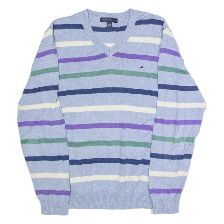 TOMMY HILFIGER Mens Patterned Jumper Blue Striped V-Neck Tight Knit L