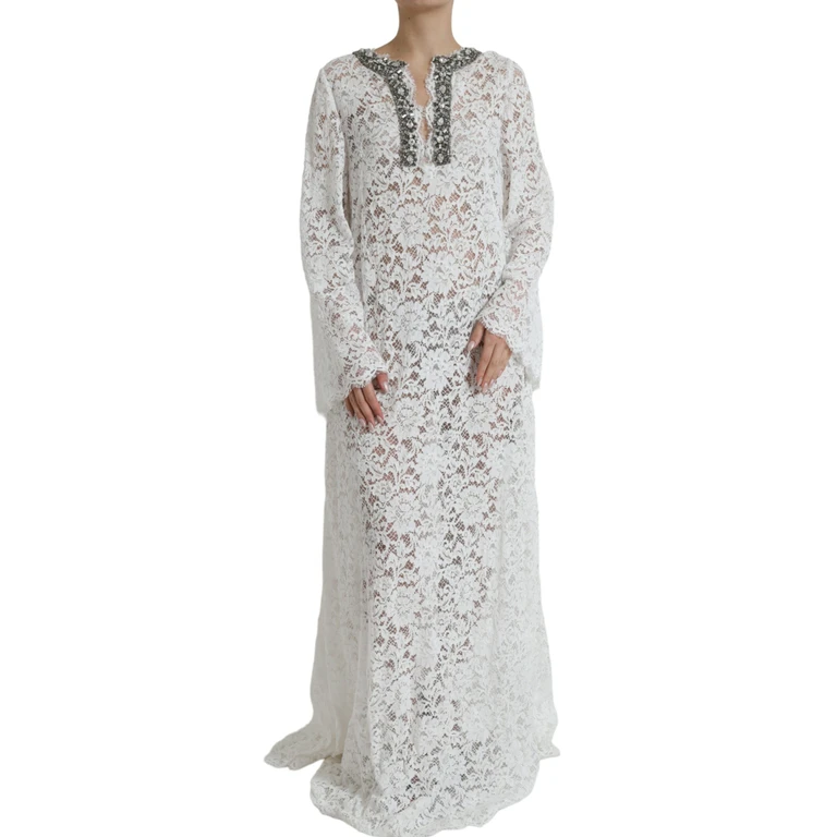 Dolce & Gabbana White Lace Crystal Embellished Shift Dress Cotton Nylon Viscose - Women