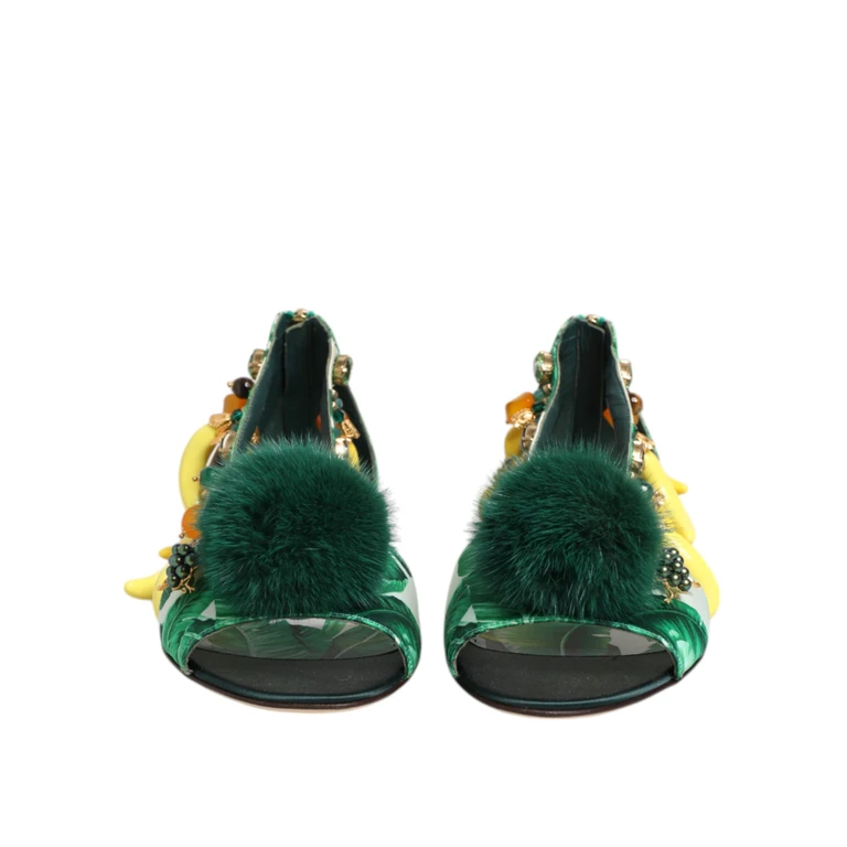 Dolce & Gabbana Green Mink Fur Satin Banana Leaf Sandals Shoes Silk Hay - Women