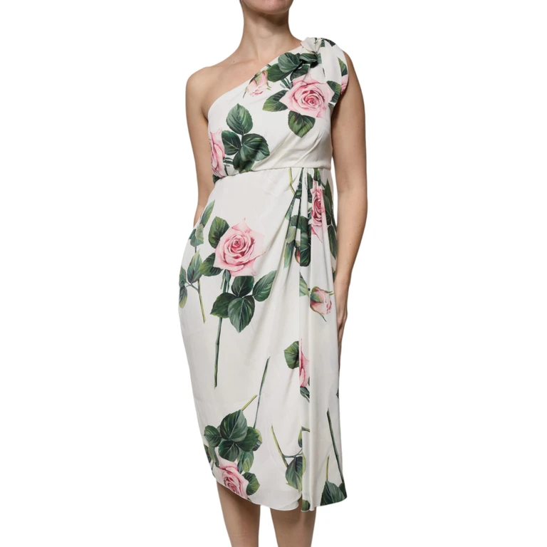Dolce & Gabbana White Floral Silk One Shoulder Midi Dress Elastane - Women