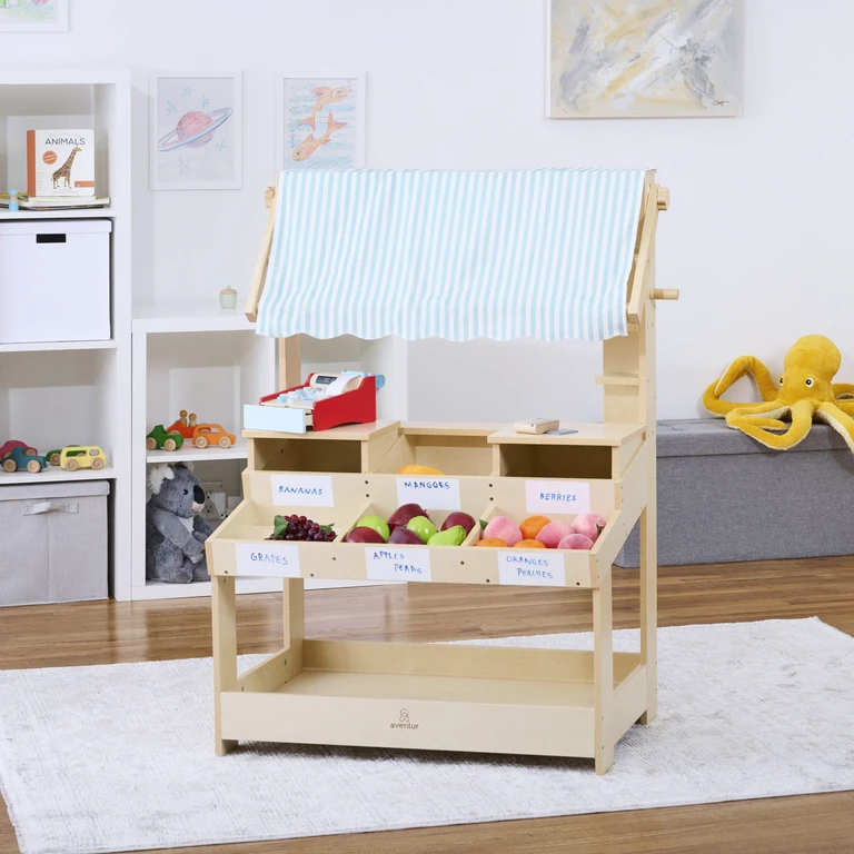 Cypress Wooden Market Stand - Pretend Play Shop for Kids with Storage