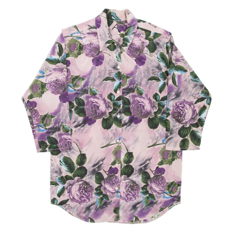 Womens Printed Shirt Purple Collared 3/4 Sleeve Floral M
