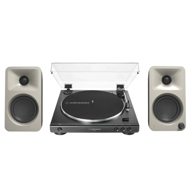 ORAME 100W Powered Reference Desktop Computer Speakers (Moon) with Audio Technica 60X-BK Fully Automatic Belt-Drive Stereo Turntable (Bundle)
