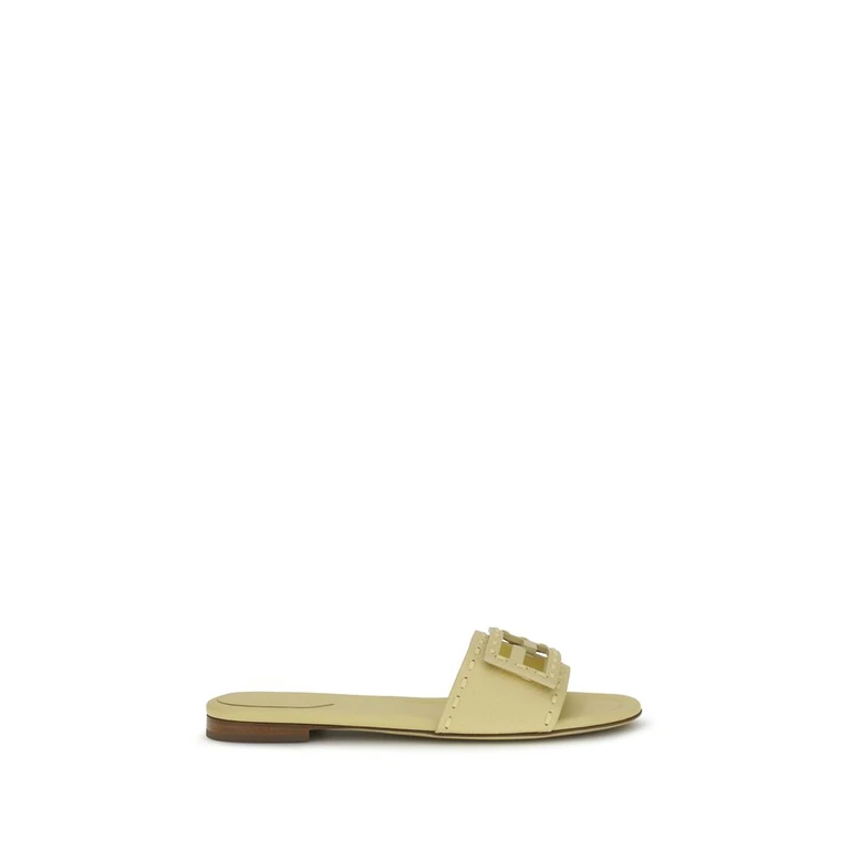 Fendi Beige Calf Leather Bos Taurus Flat Sandals - Women