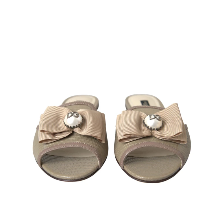 Dolce & Gabbana Beige Logo Pearl Flats Sandals Slides Shoes Leather - Women