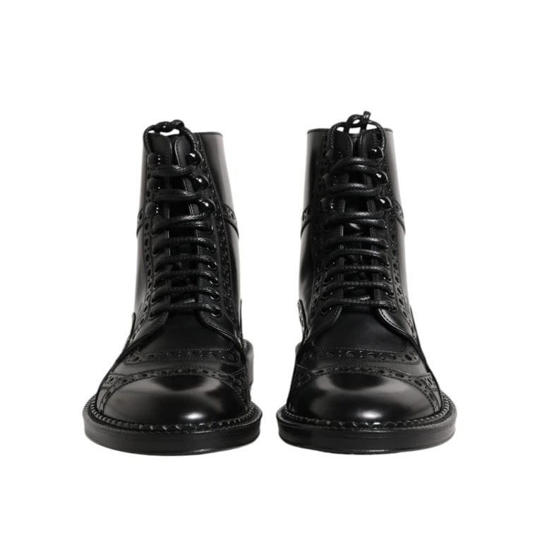 Dolce & Gabbana Black Leather Lace Up Mid Calf Boots Shoes - Men