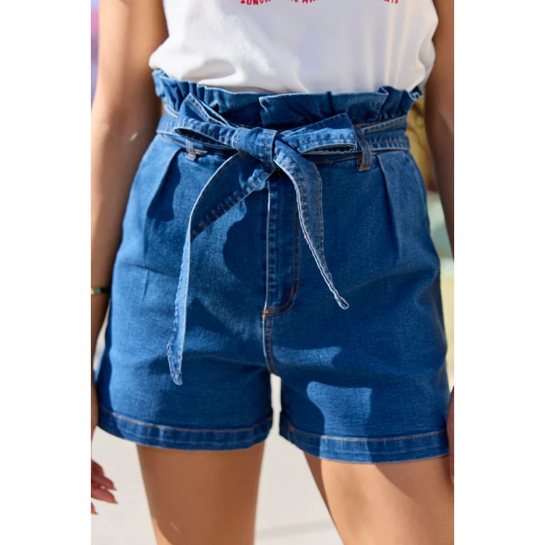 What's New Dark Wash Paperbag Waist Belted Denim Shorts