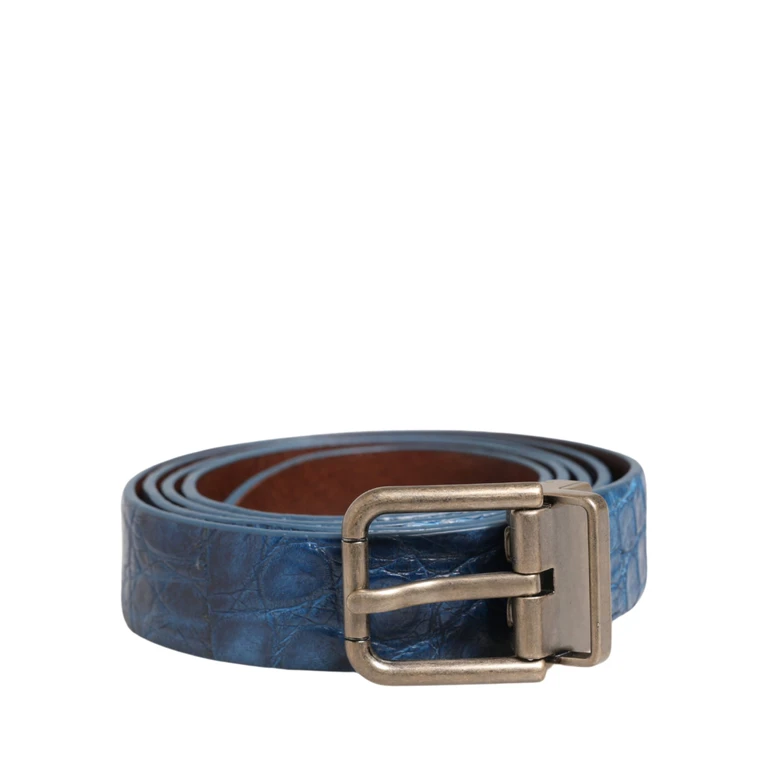 Dolce & Gabbana Navy Blue Leather Gold Tone Metal Buckle Belt Caiman - Men