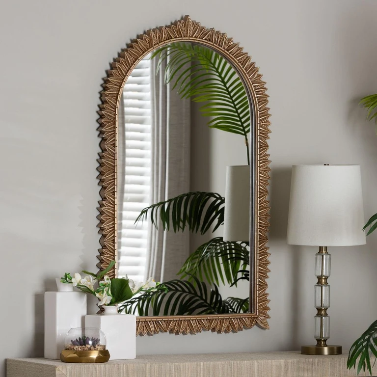 Caitlin Antique Golden Arch Wall Mirror with Carved Leaf Border