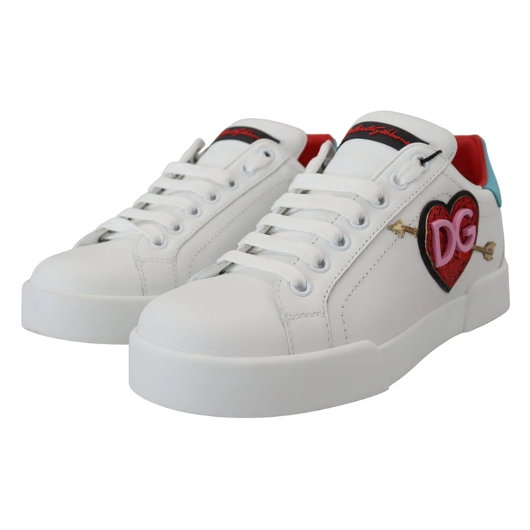 Dolce & Gabbana White Leather Sneaker Portofino Logo Heart Shoes - Women