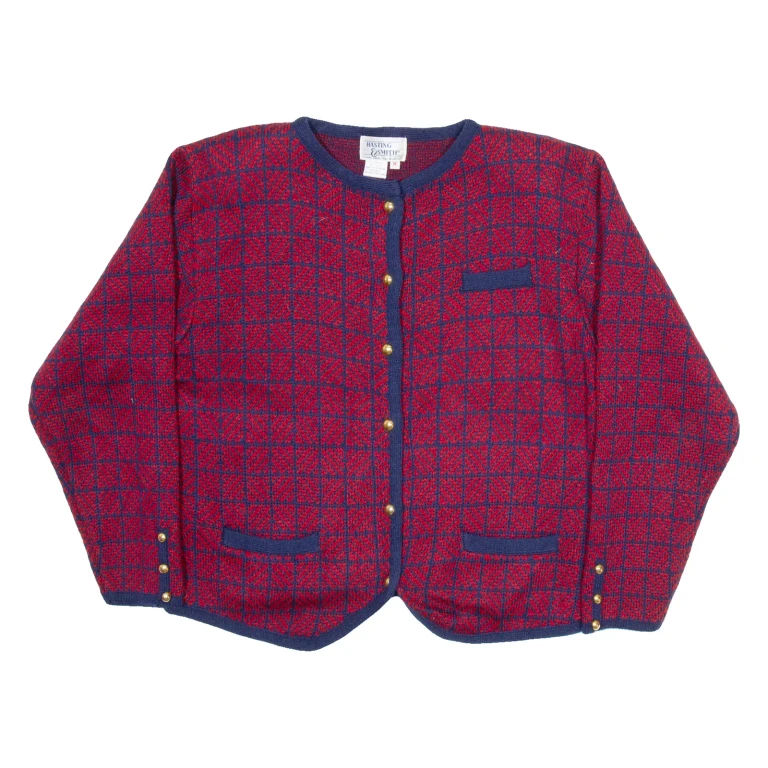 HASTING & SMITH Womens Patterned Cardigan Red Check Button Neck Tight Knit M