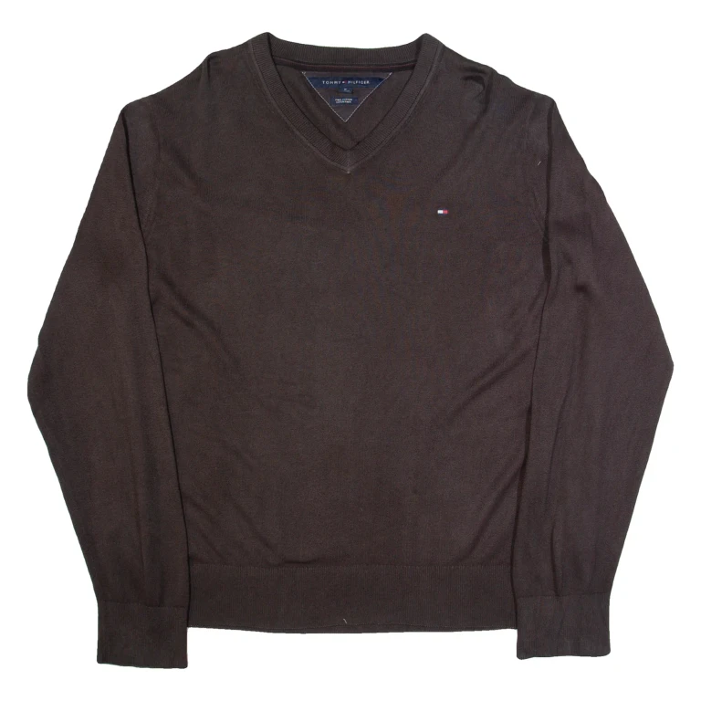 TOMMY HILFIGER Mens Jumper Brown V-Neck Tight Knit XL