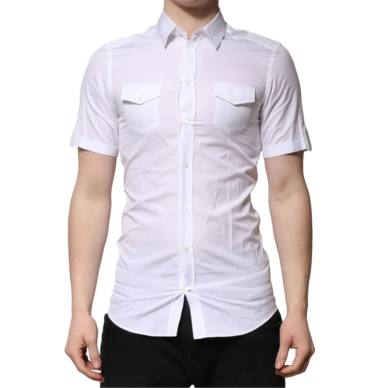 Dolce & Gabbana White Cotton Short Sleeves Gold Casual Shirt - Men