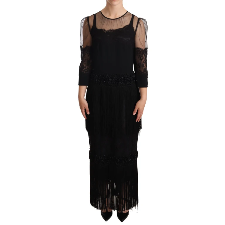 Black Sheer Floral Lace Crystal Maxi Dress - Women