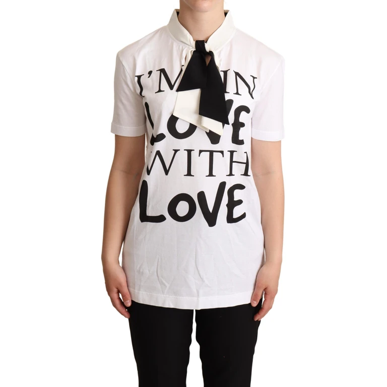 White Cotton Silk Blend Ascot Collar T-Shirt - Women