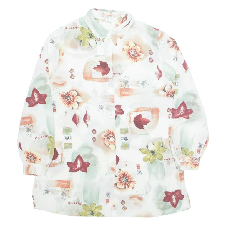 Womens Printed Shirt White Collared Long Sleeve Viscose Floral M
