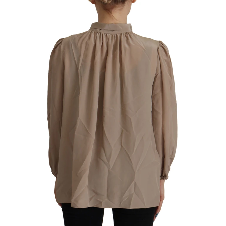 Dolce & Gabbana Brown Waistband Sleeves Ascot Collar Top Blouse Silk - Women