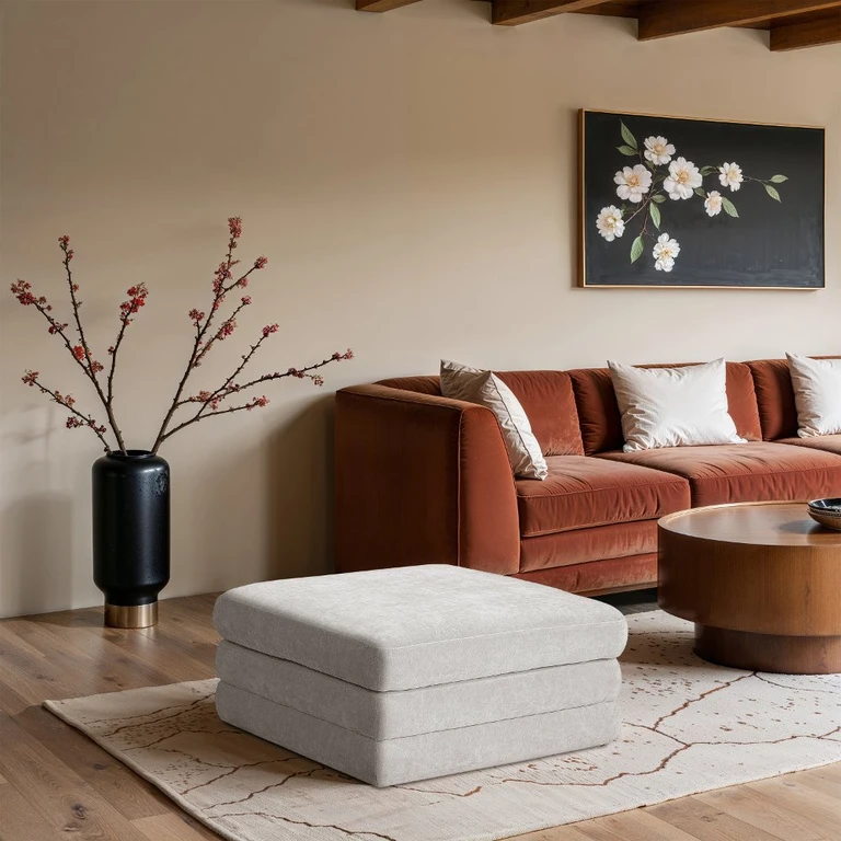 Stellar Cream Chenille Modular Ottoman