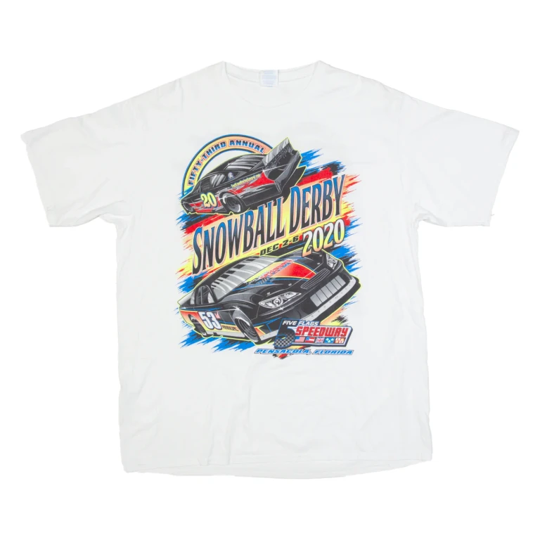 PORT & COMPANY Snowball Derby Racing Mens Biker T-Shirt White USA XL