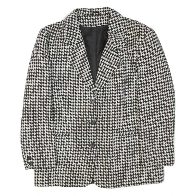 Womens Blazer Jacket Black Wool Houndstooth L
