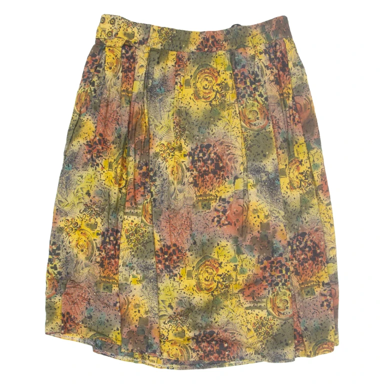 Womens Pleated Skirt Yellow Knee Length Viscose Crazy Pattern L