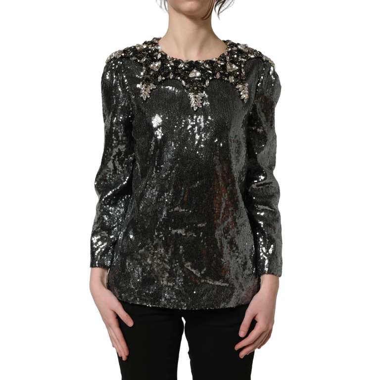 Dolce & Gabbana Metallic Gray Sequin Embellished Blouse Top Polyester Glass Nylon - Women