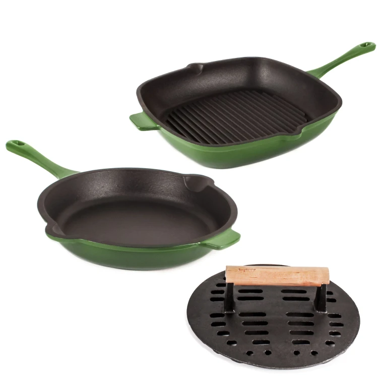 Neo 3pc Cast Iron Fry Pan & Grill Pan Set with Slotted Steak Press, Green