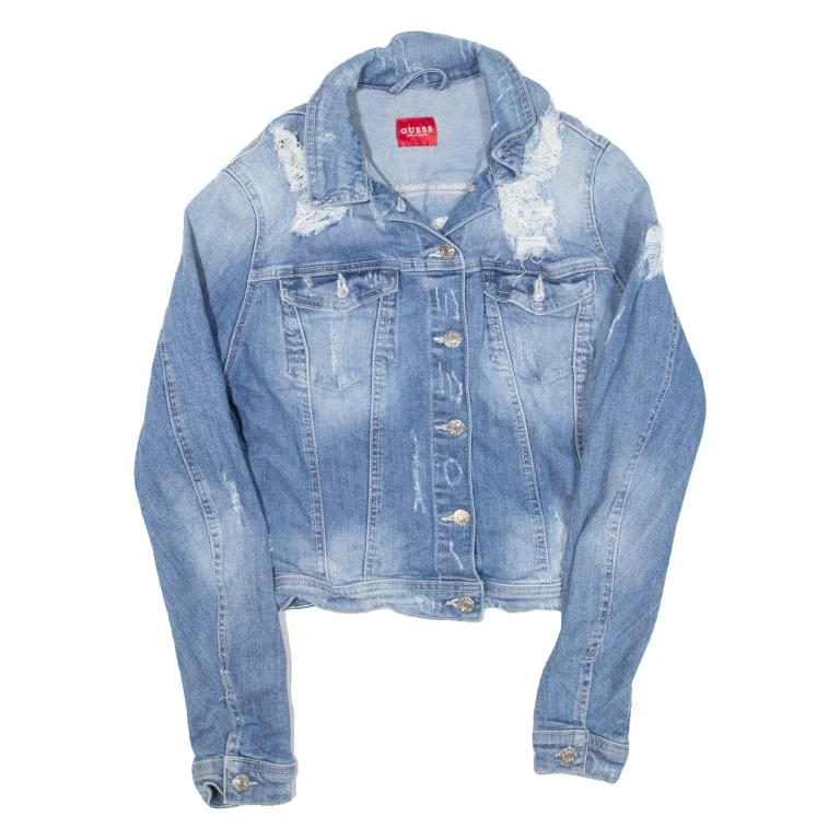 GUESS Distress Womens Denim Jacket Blue M