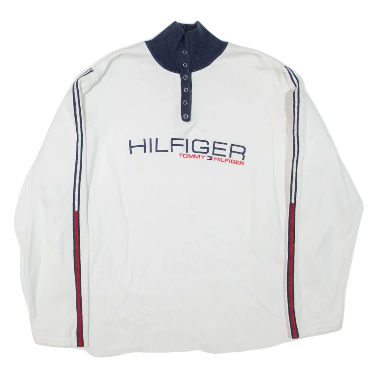 TOMMY HILFIGER Womens Jumper White Button Neck Tight Knit XL