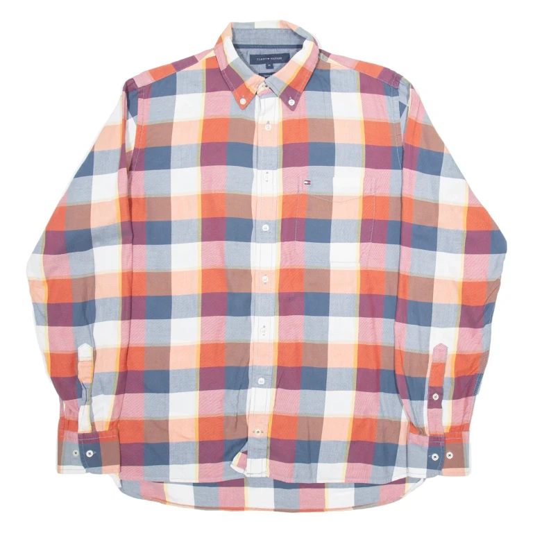 TOMMY HILFIGER Custom Fit Mens Shirt Orange Check Long Sleeve M