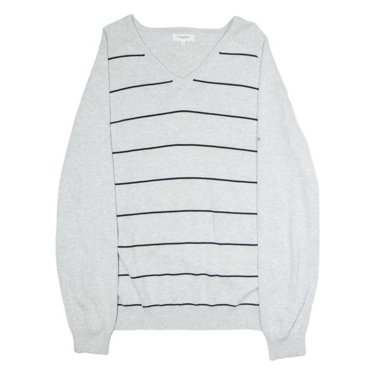 CALVIN KLEIN Golf Mens Patterned Jumper Grey Striped V-Neck Tight Knit L
