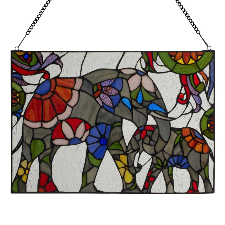 20" W Mother and Baby Elephant Stained Glass Window Panel
