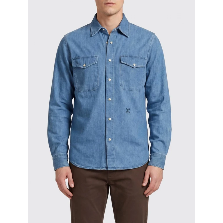 Slim Fit Shirt in Cotton and Hemp Denim with French Collar (C8491619K20MBL)