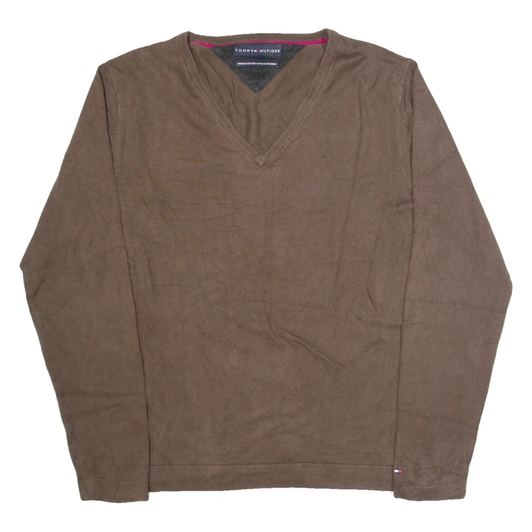 TOMMY HILFIGER Mens Jumper Brown V-Neck Tight Knit M
