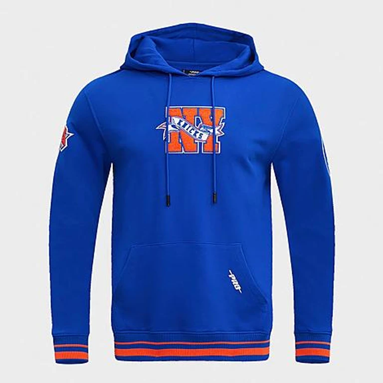 Pro Standard Men's New York Knicks NBA Team Pennants Fleece Pullover Hoodie in Royal/Orange Size: Small