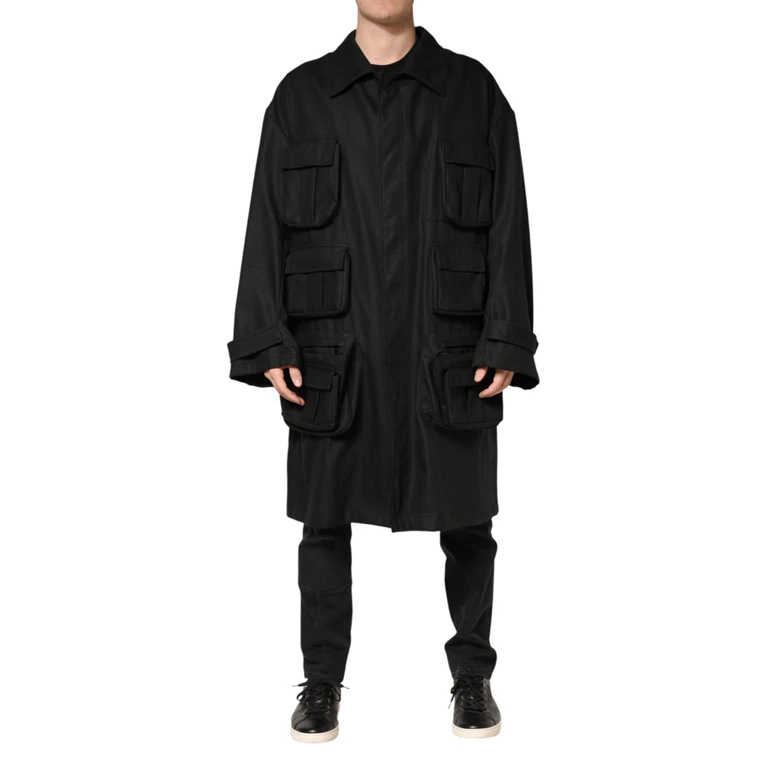 Black Pockets Collared Trench Coat Jacket Linen Clothing - Men