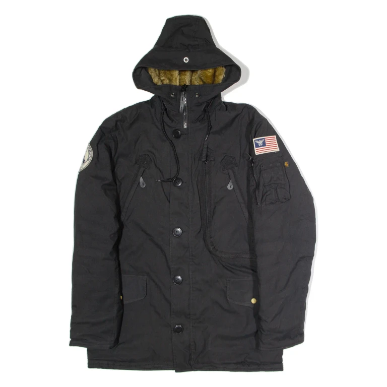 ALPHA INDUSTRIES Mens Parka Coat Black Canvas Nylon Hooded M