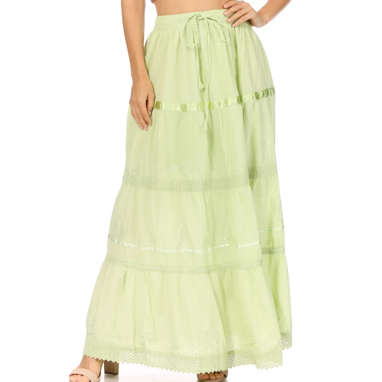 Sakkas Solid Embroidered Gypsy / Bohemian Full / Maxi / Long Cotton Skirt