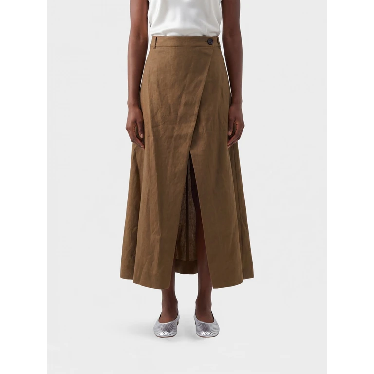 High-Waisted Flared Linen Midi Skirt with Slit (RAQI000741)