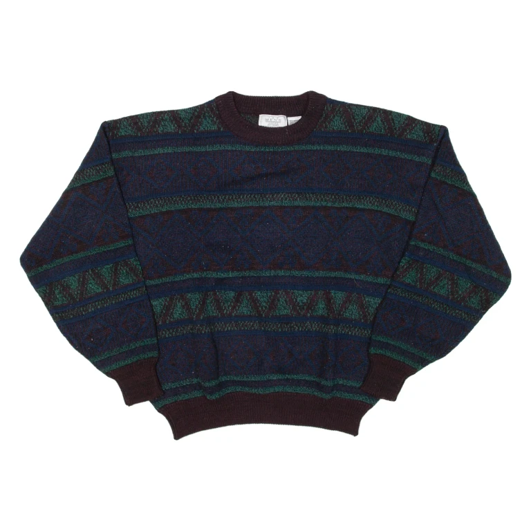 THE MENS STORE Mens Patterned Jumper Brown Fair Isle 90s Cable Knit XL