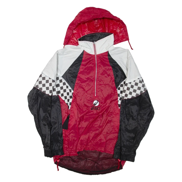 ASICS Mens Anorak Jacket Red Nylon Hooded Colourblock L