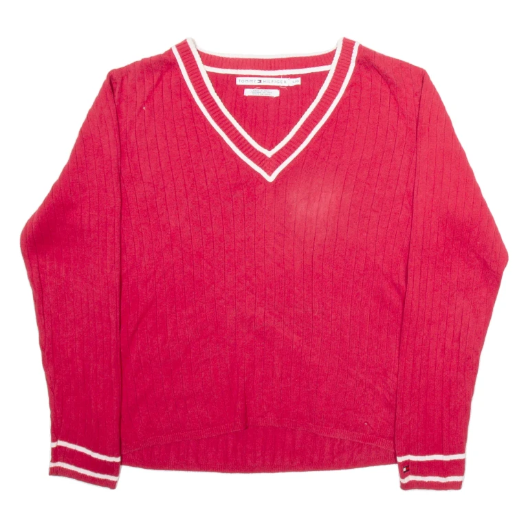 TOMMY HILFIGER Mens Jumper Red V-Neck Tight Knit L