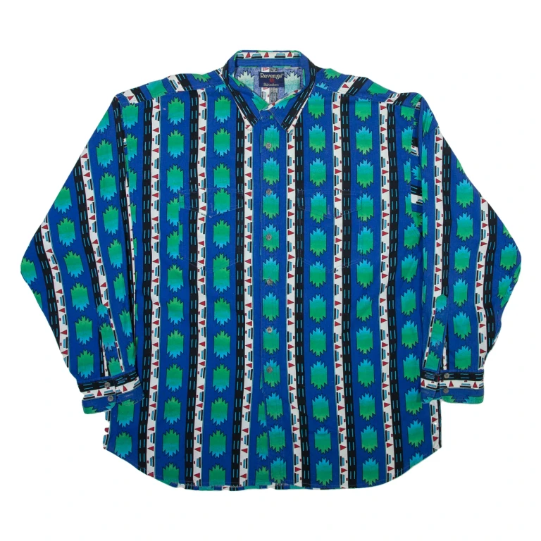 REVENGE Mens Shirt Blue Geometric Long Sleeve 2XL
