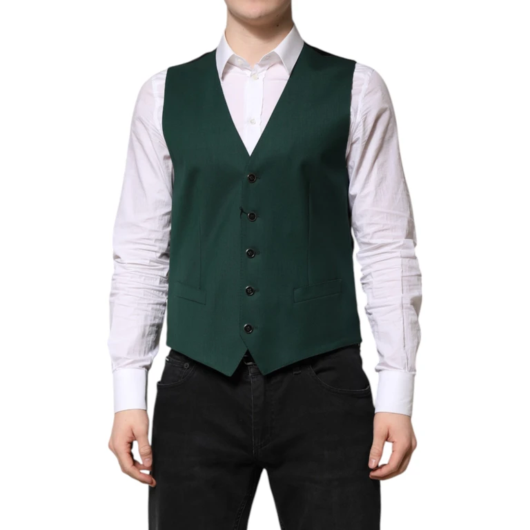Dolce & Gabbana Green Wool Dress Formal Men Waistcoat Vest Virgin - Men