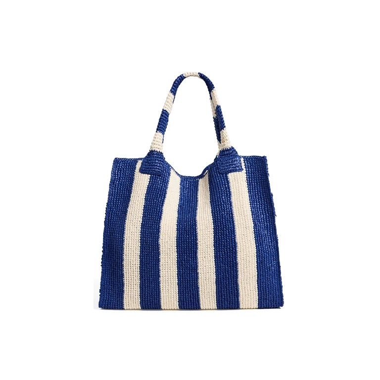 Loeffler Randall Sol Crochet Beach Tote Blue/Cream Stripe One Size