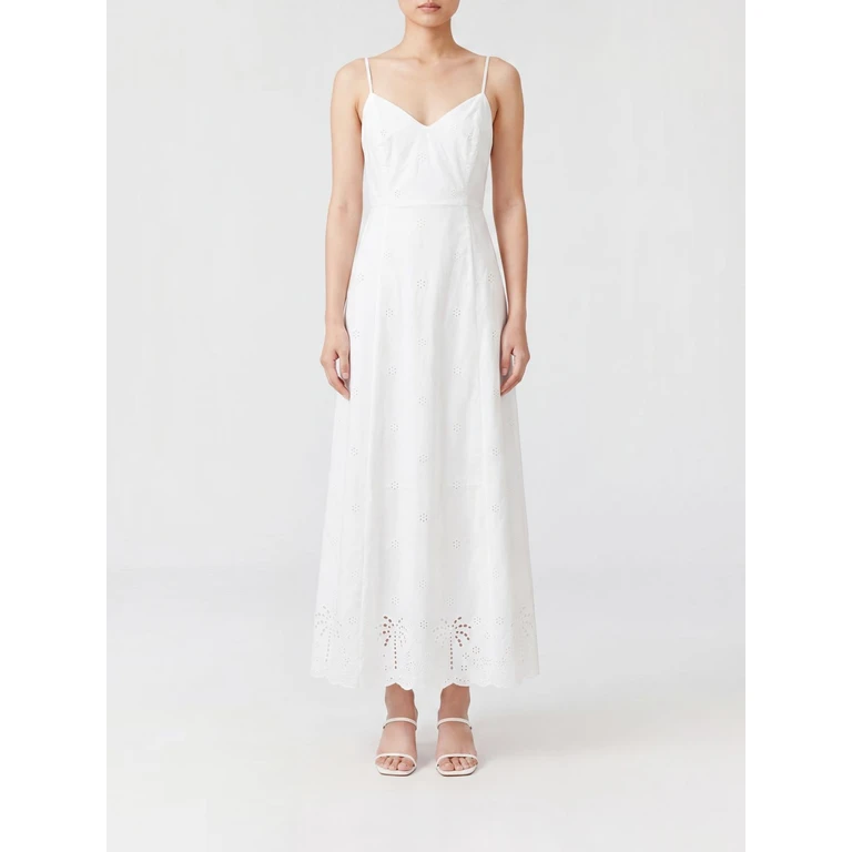 A-Line Midi Dress in Broderie Anglaise with V-Neck and Thin Straps (GUA000100483L)