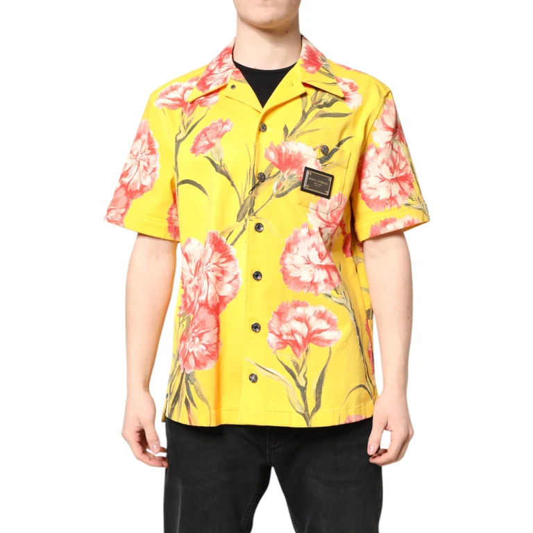 Dolce & Gabbana Yellow Floral Men Button Down Casual Shirt Cotton Elastane - Men